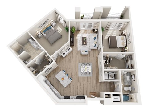 Floor plan for 2 beds, 2 baths, 1166 sqft